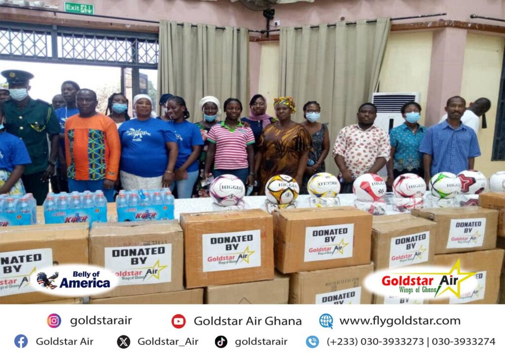 Goldstar Air presented sports items to Hearts of Triumphs SC, a football club based in MadinaAccra, Ghana, with players aged seventeen (17) to twenty-five (25) years. The soccer team is helping build a formidable youth side and put them on the path to success and be professional football players.