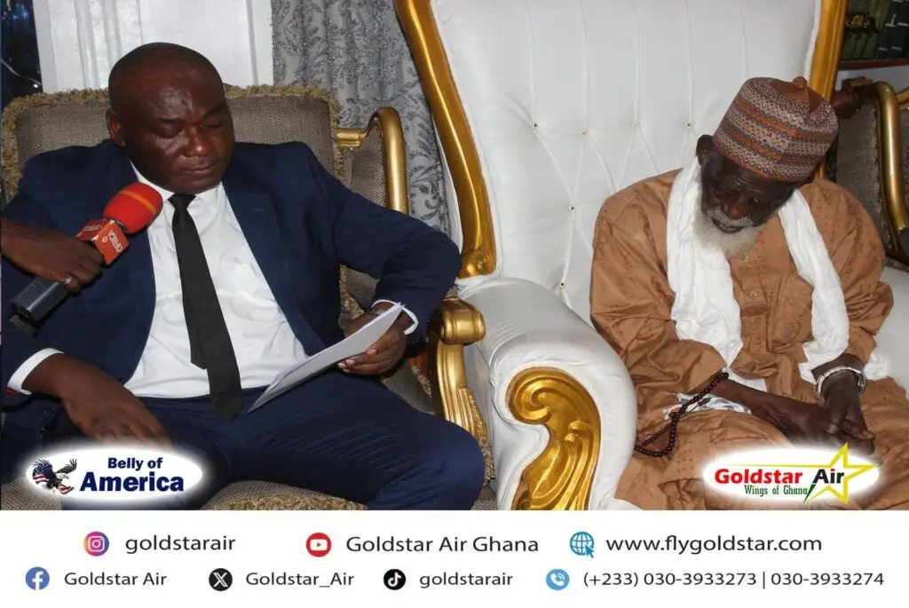 Chairman and Chief Executive Officer of Goldstar Air discussing with National Chief Imam Dr. Shiekh Osmanu Nuhu Sharubutu about the airline plans to make the Hajj pilgrimage affordable to all Muslims in Ghana. The once in a lifetime religious requirement for Muslims often becomes a challenge for Islamic Ghanaians during Hajj season.